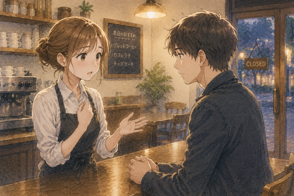 告白を誠実に断る店員女性。真剣に聞く男性客。