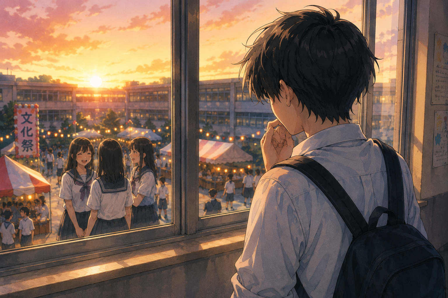 文化祭の日、教室の窓から好きな女子を見つめる男子。