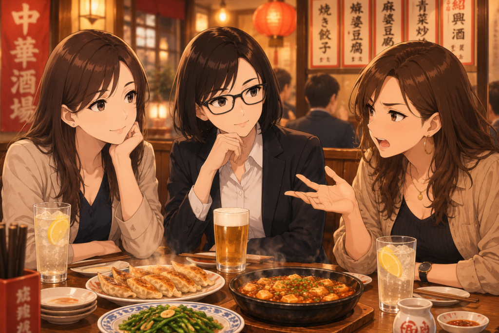 中華酒場でトークするナナ、ミカコ、ユキノ。