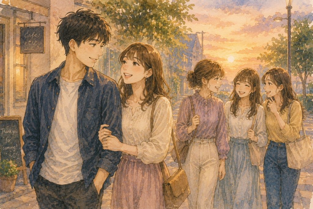 彼氏と歩く女性。女友達たちはいい人と付き合っていると安心。
