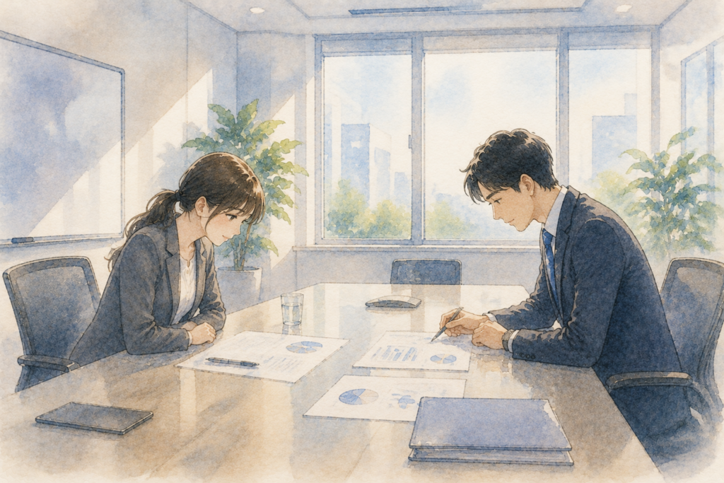 告白を曖昧にせず断ることに成功。円滑に打ち合わせを進行させる男女。