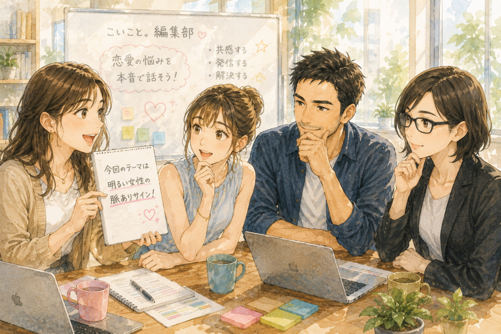 今回のテーマを提案するユウカ。それを聞くミユ、ケンジ、ミカコ。