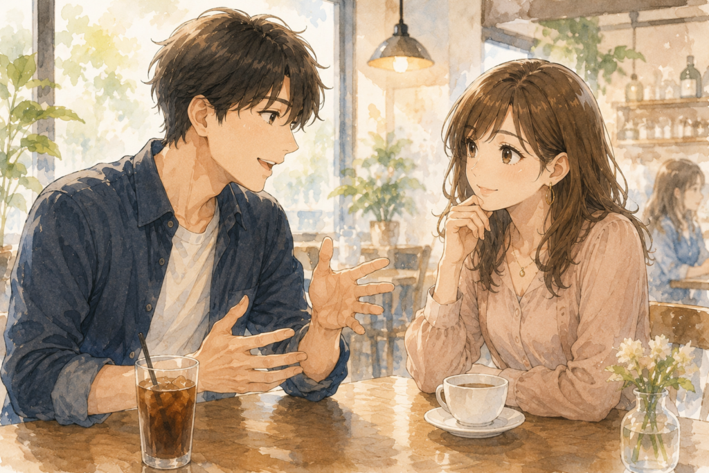 聞き上手な女性。男性は楽しそうに喋っている。