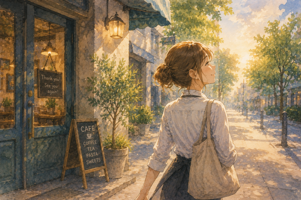 悩みが解決して晴れやかな表情で店を後にする女性店員。