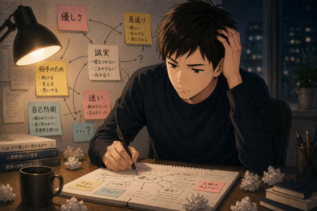 優しさについて考えてみるが考えがまとまらないリク。