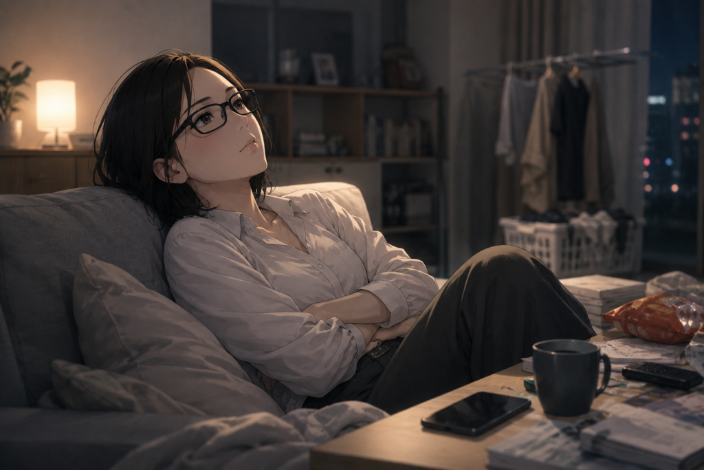 自宅で疲れた雰囲気のミカコ。部屋は散らかっている。