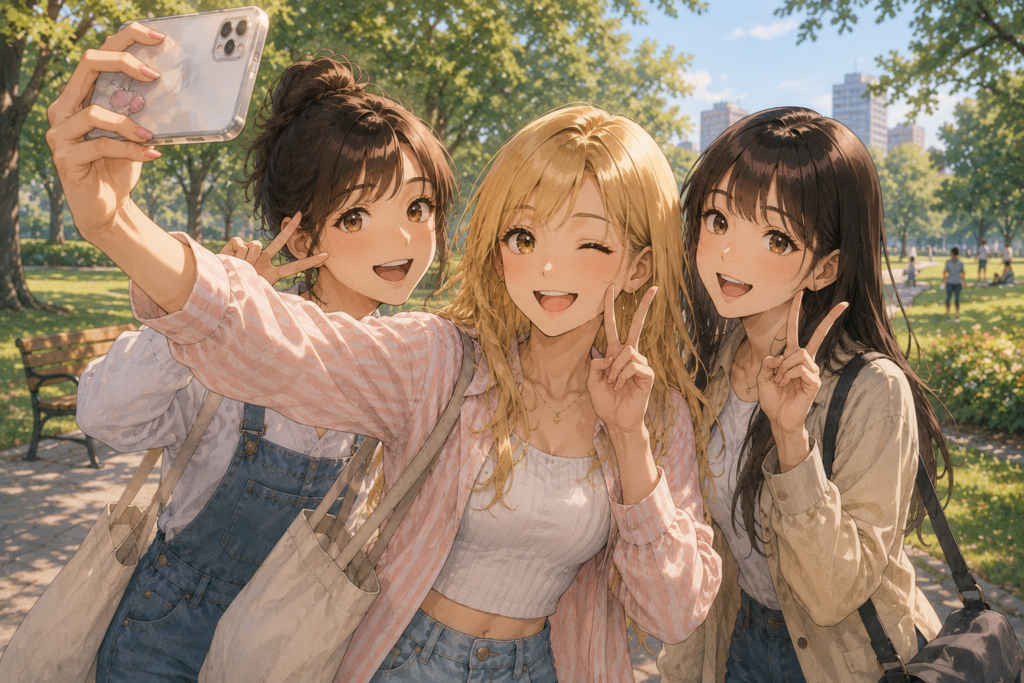 友達と写真を撮るアカリ。