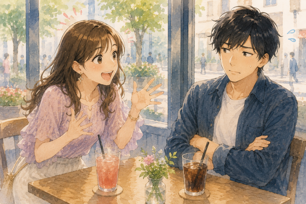 沈黙を怖がり話しまくる女性。男性は少し圧倒されている。