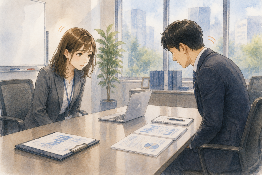 告白を断った後、打ち合わせに臨む女性。