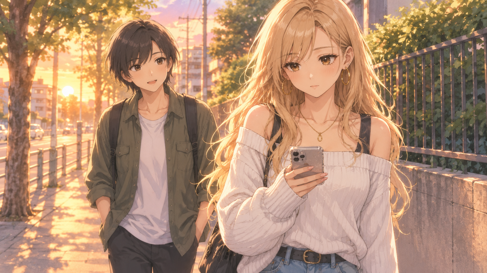 スマホを見るアカリ、少し離れて歩くシュウ。