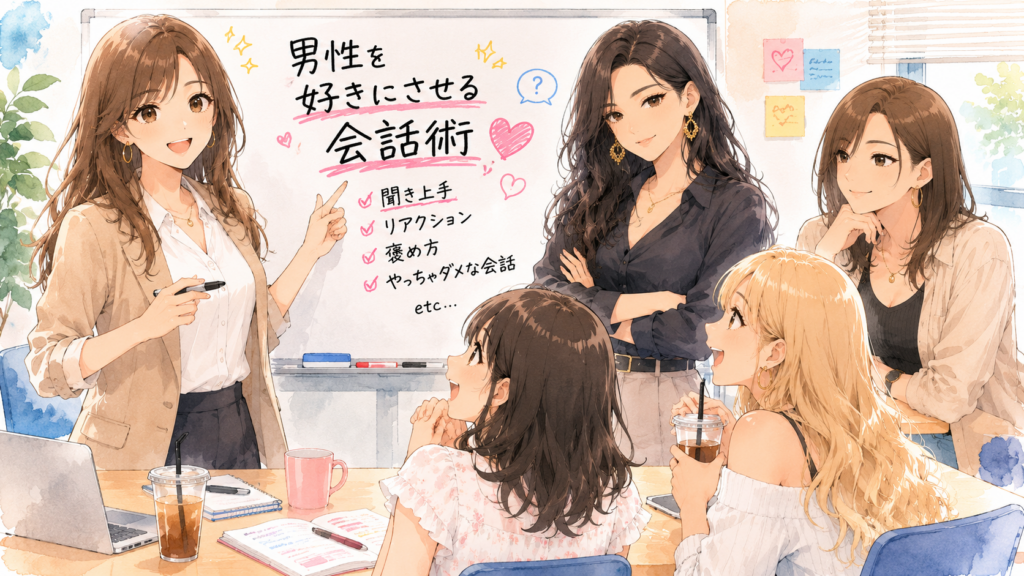 男性を好きにさせる会話術をテーマに座談会しようとするこいこと。女子メンバー。
