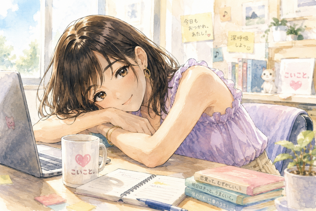 編集部で疲れた机に突っ伏すミユ。