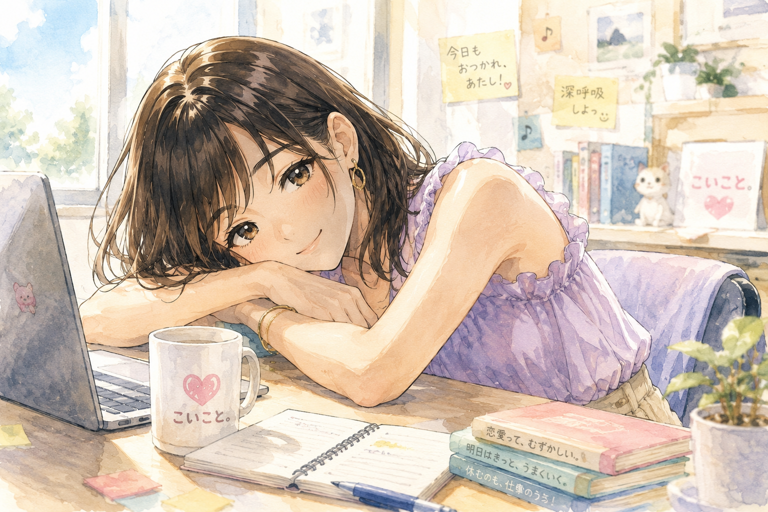 編集部で疲れた机に突っ伏すミユ。