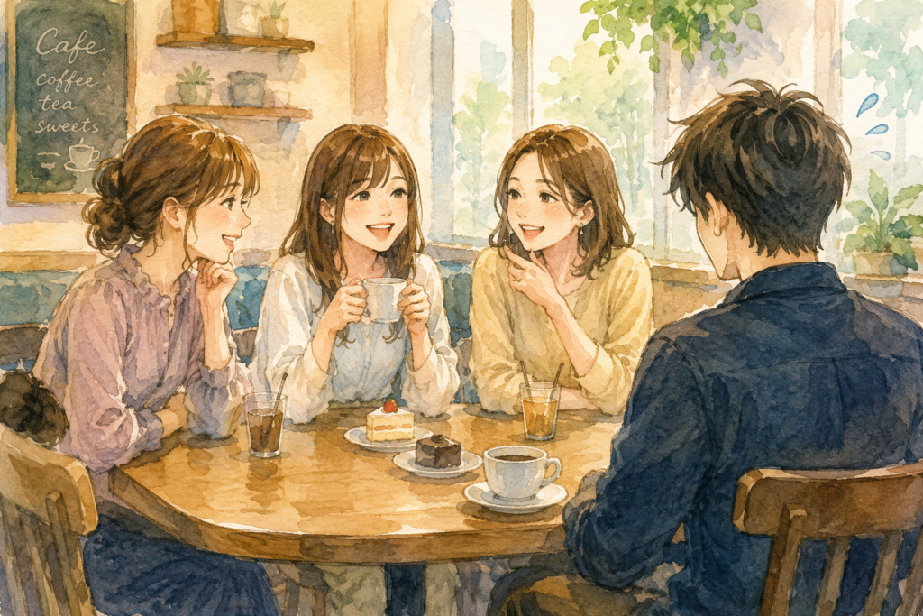 彼女の女友達と会う男性。アウェー感が漂う。