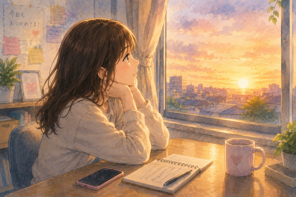 自室で夕陽を見つめる女性。少し前向きな気持ちになれている。