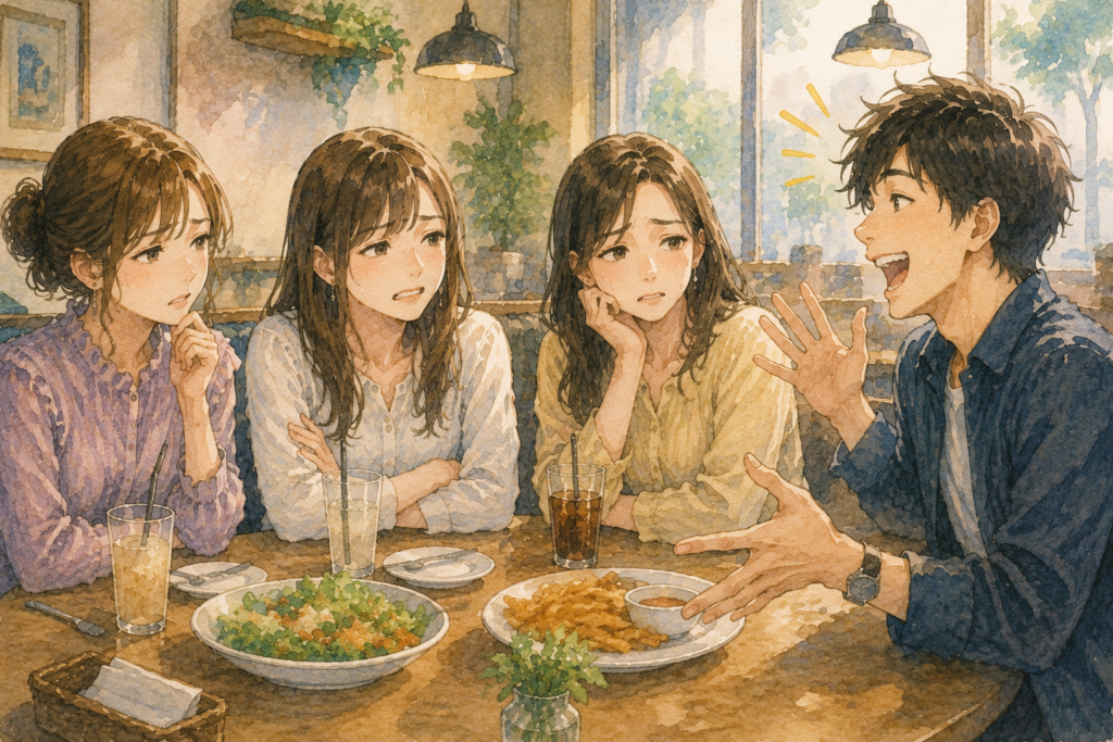 頑張って会話を盛り上げようとする男性。彼女たちは引いている。