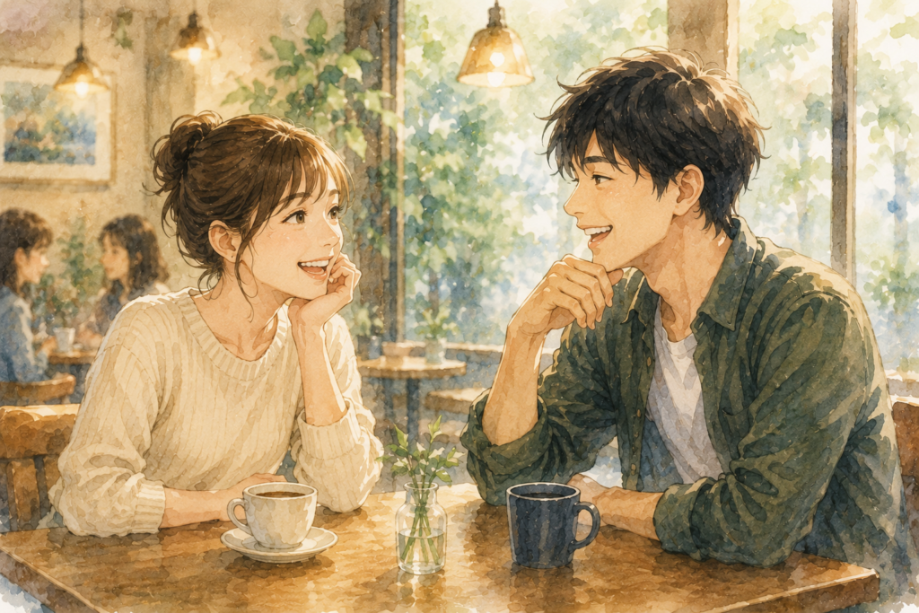 カフェで談笑する男女。男性は話しやすくまた会いたいと思わせる雰囲気。