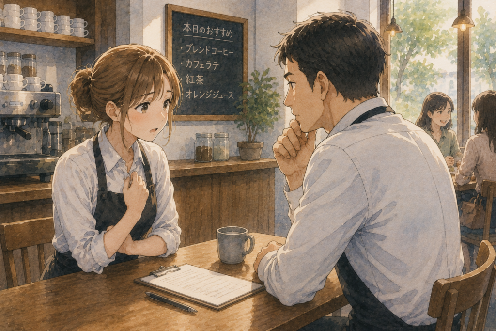 しつこく誘われるので店長に相談する女性店員。
