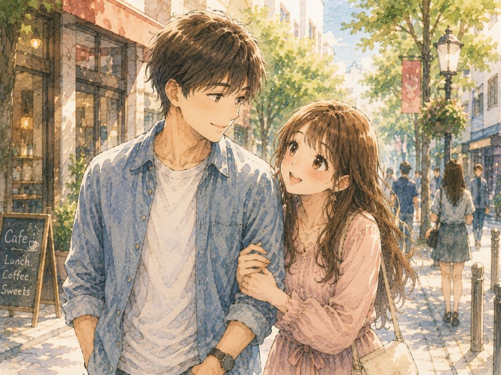 デートする男女。女性は男性の腕を取る。いい関係を築いている。