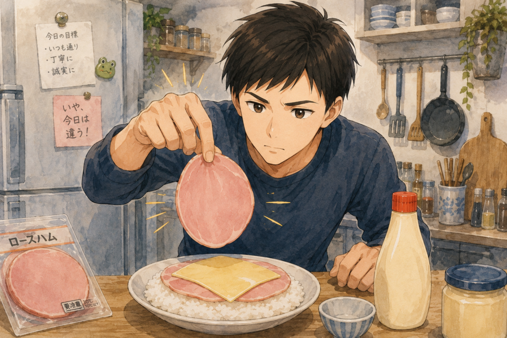 ご飯の上にスライスハムとチーズをのせるリク。