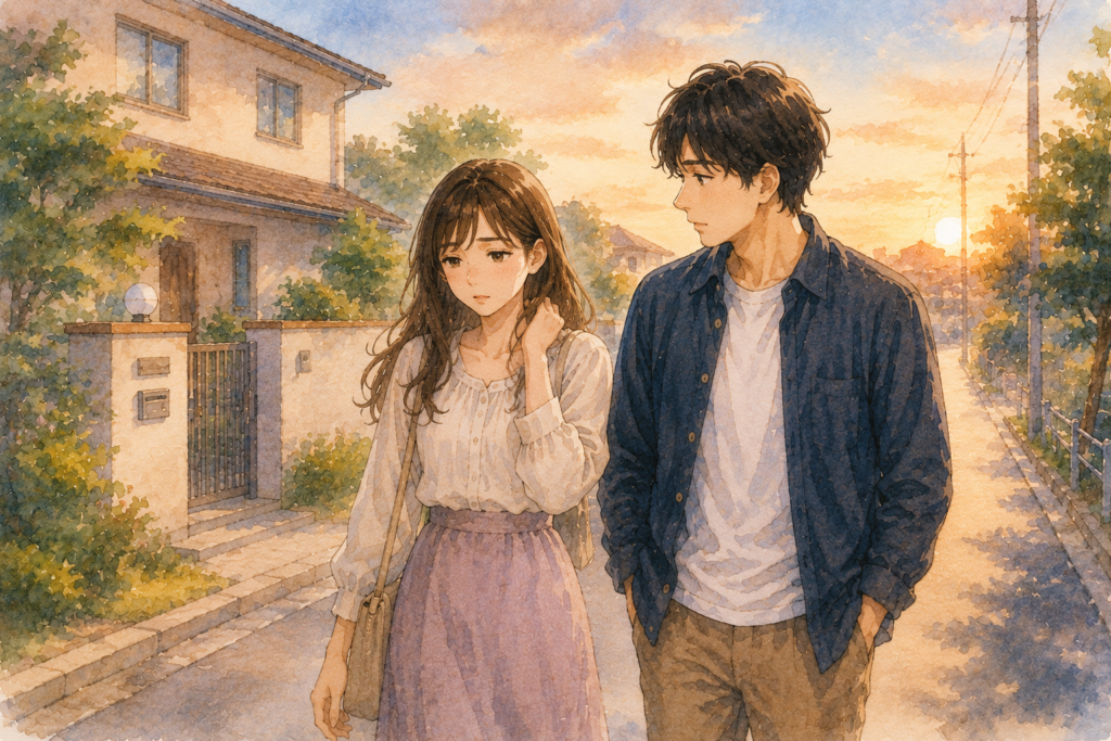 彼氏の実家から帰るカップル。苦手な母親との距離をうまく取って付き合っていく。