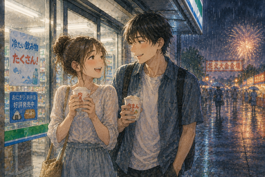 雨に降られて花火大会が見れず。トラブルがあった時のほうが意外と思い出になる。