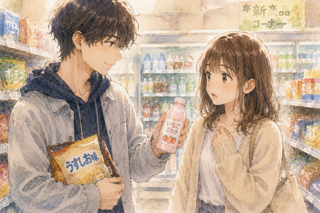 コンビニにいる男女。男性は女性の好きな飲み物を覚えている。まるで彼氏のようと感じる女性。