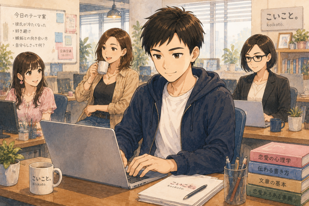 編集部で記事を書くリク。自分らしさ問題を消化して軽やかな表情。