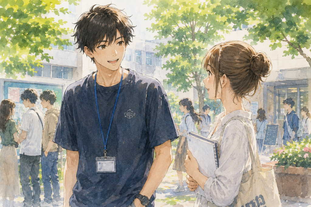 好きな先輩に覚えてもらうようにコミュニケーションする女性。