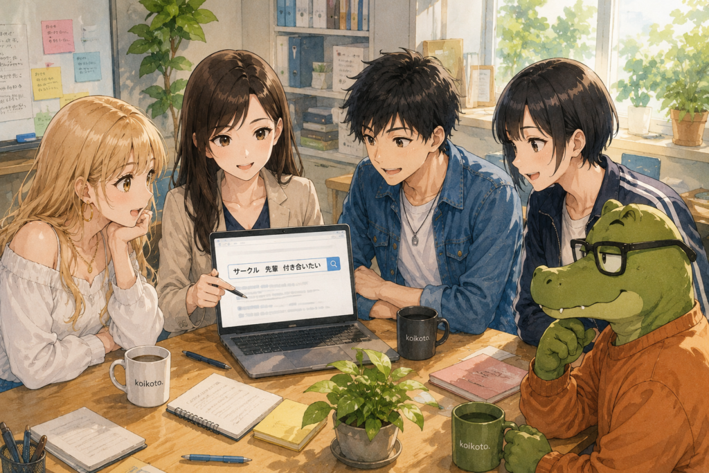 本日のテーマを見せるユキノ。覗きこむ青春トリオとワニオ。