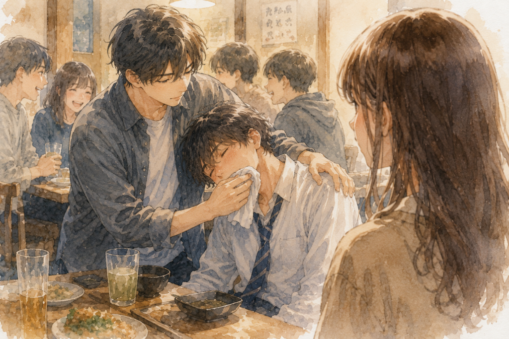酔った仲間を介抱する姿を見て友達を男性として意識するようになる女性。