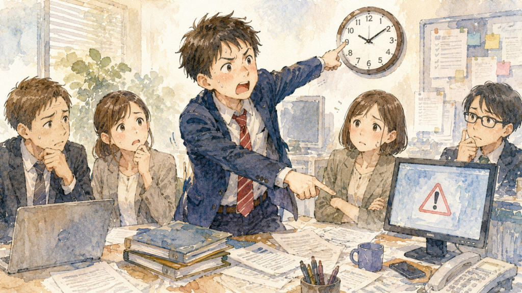 時計やパソコンを指さして責任は自分にないと主張する男性。