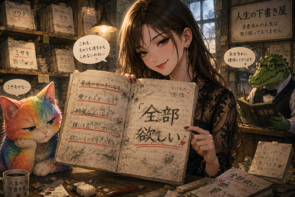 なんども下書きを書き直すミサキ。呆れるナツメ。