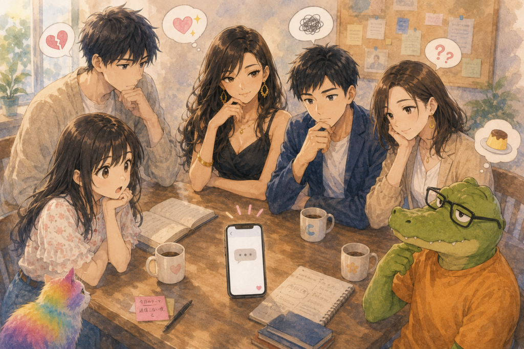 返信がないとどうするか、キャラクターそれぞれで考え方が違う。