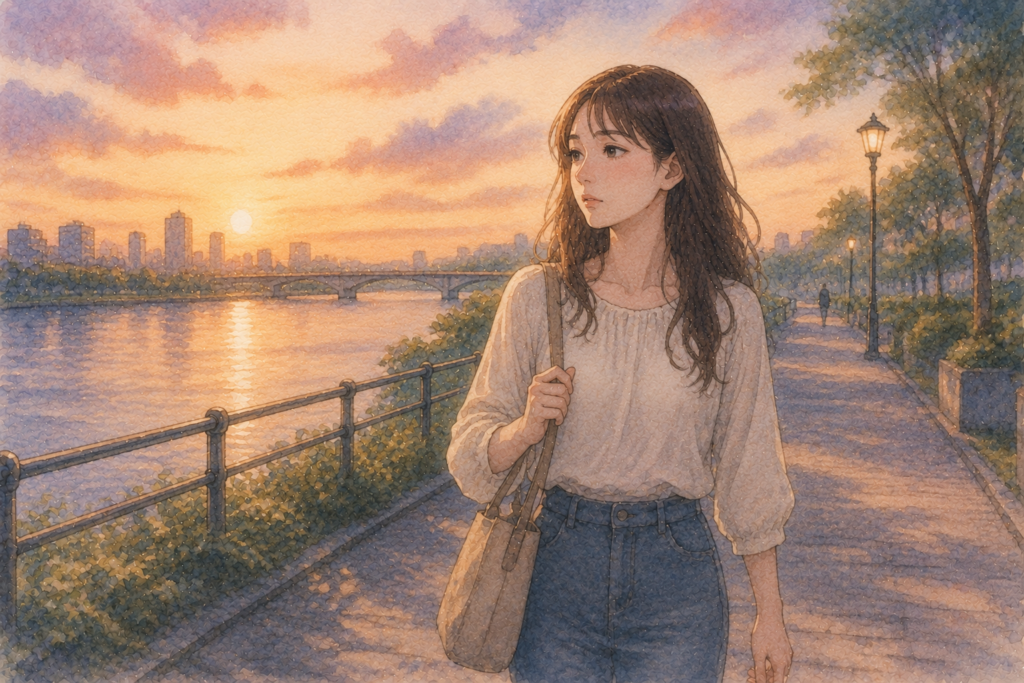 川沿いの道を歩く女性。彼氏と別れるべきか悩んでいる。