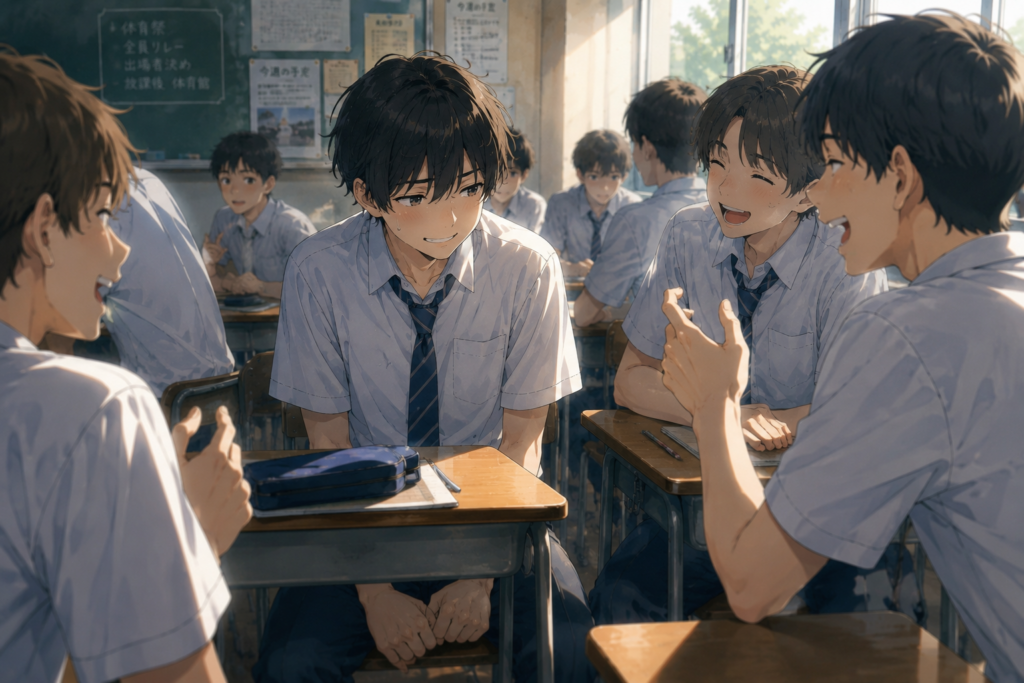 周囲に合わせて笑っているが本心ではない男子高校生。