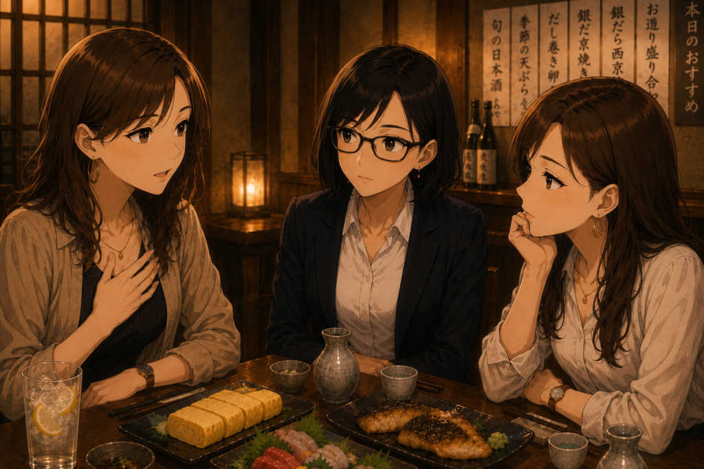 語るナナと聞くミカコ、ユキノ。