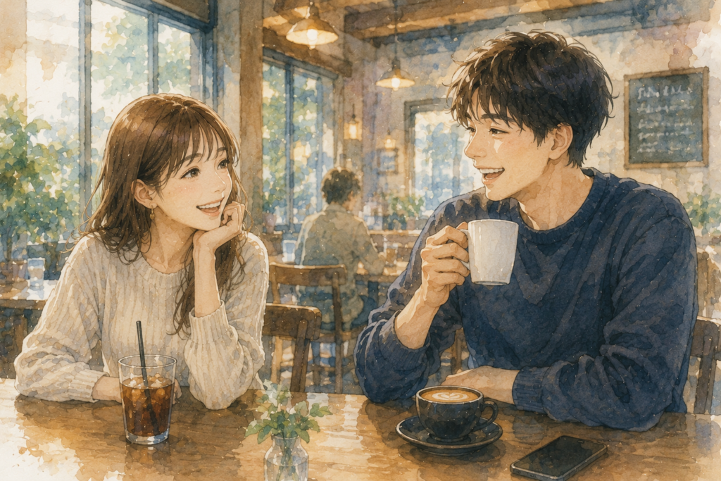 男友達とカフェでトーク。居心地の良さを感じている女性。