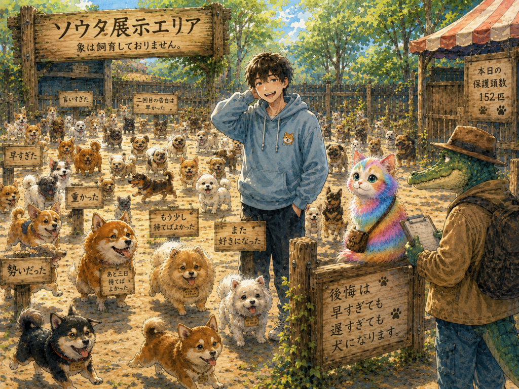 大量の小型犬のソウタ展示エリア。観察するワニオとナツメ。