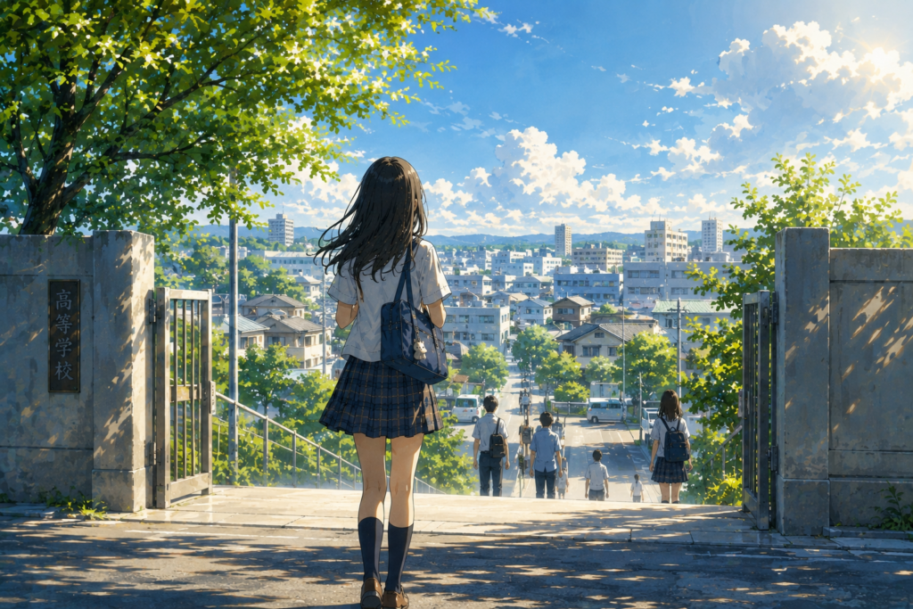 学校から外へ向かって歩く女子高生。今いる場所が世界の全てではないことを表現。