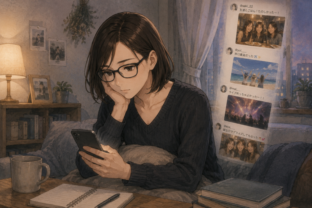 スマホで友達の写真をチェックする昔のミカコ。