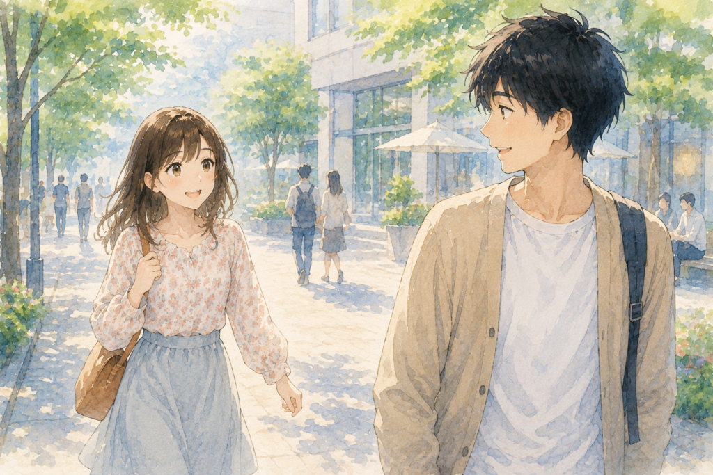 男性に自然に近寄る女性。好きな人と仲良くなれて少しずつ関係が深まっていく様子。