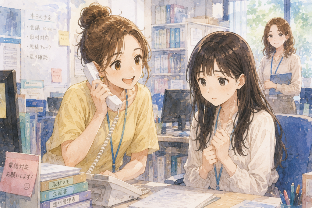電話が苦手なサヤに代わり電話に出るミユ。
