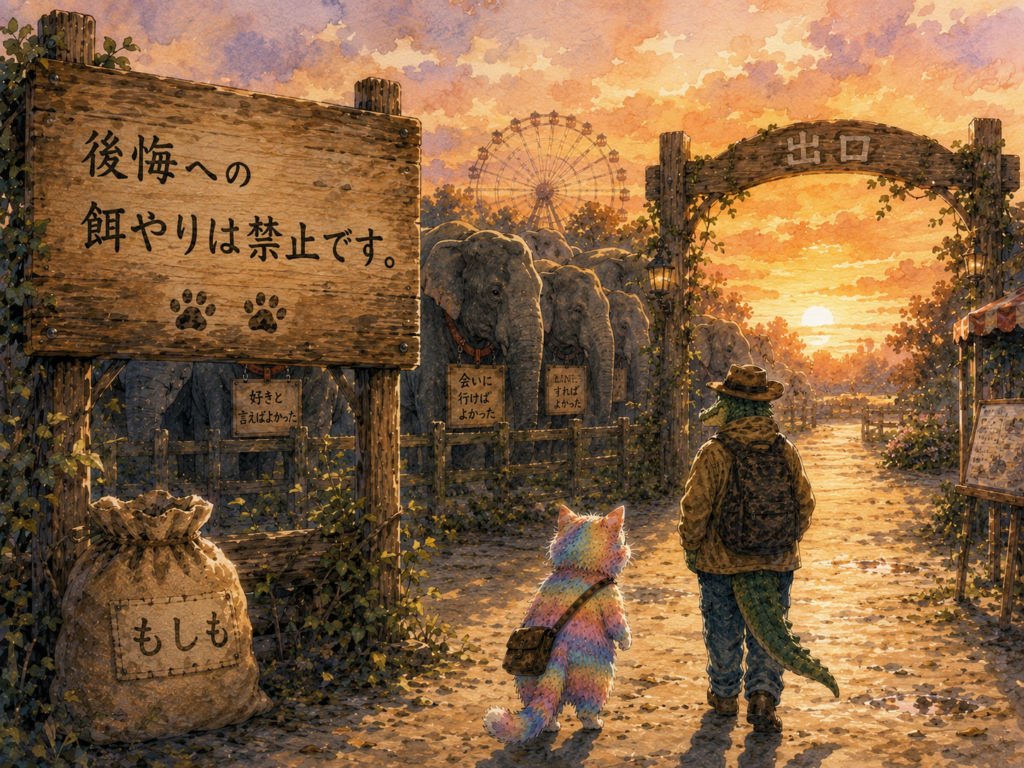 後悔動物の餌は「もしも」。看板を見ながら帰るナツメとワニオ。