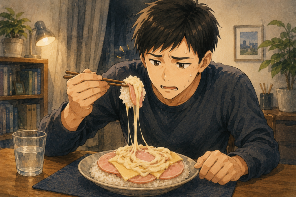 雑に作ったハムチーズご飯を食べるリク。丁寧さがウリのリクは落ち着かない。