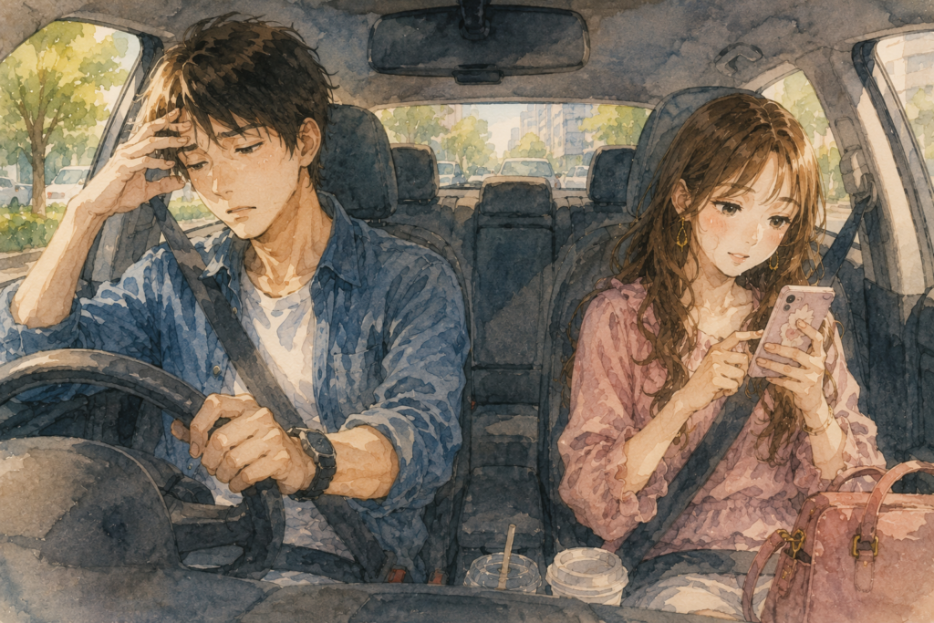 車内、運転する彼氏、スマホを見てる彼女。価値観の違いで疲れているケースもある。
