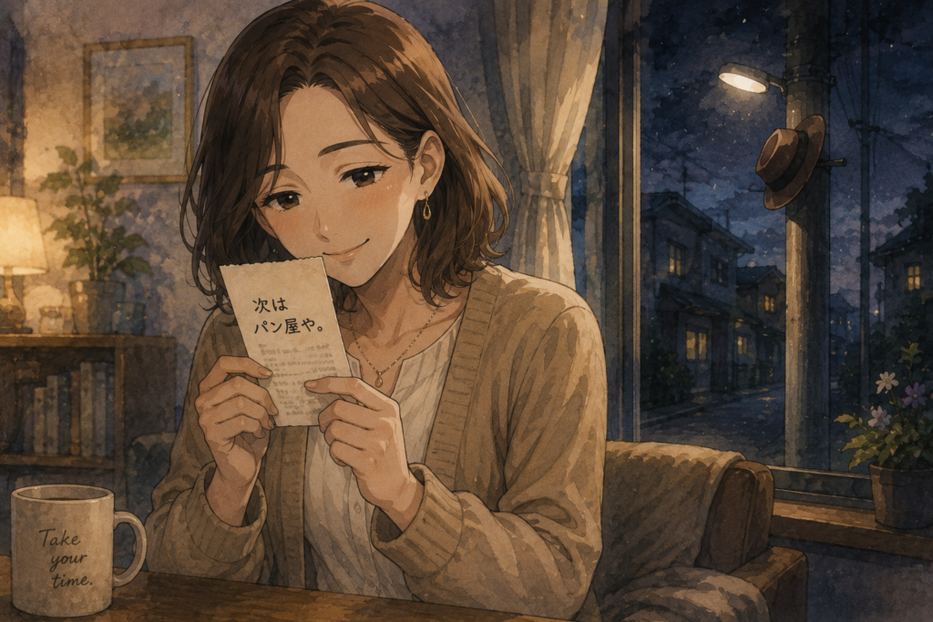 レシートに次はパン屋やと書いてある。少しほっこりするマリ。