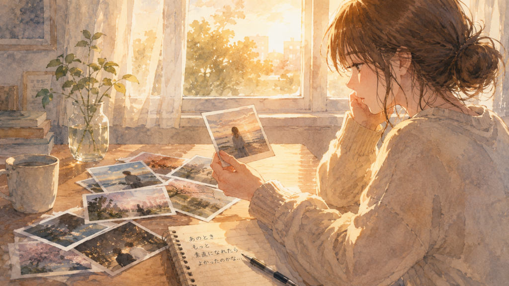 写真を見て過去を振り返る女性。