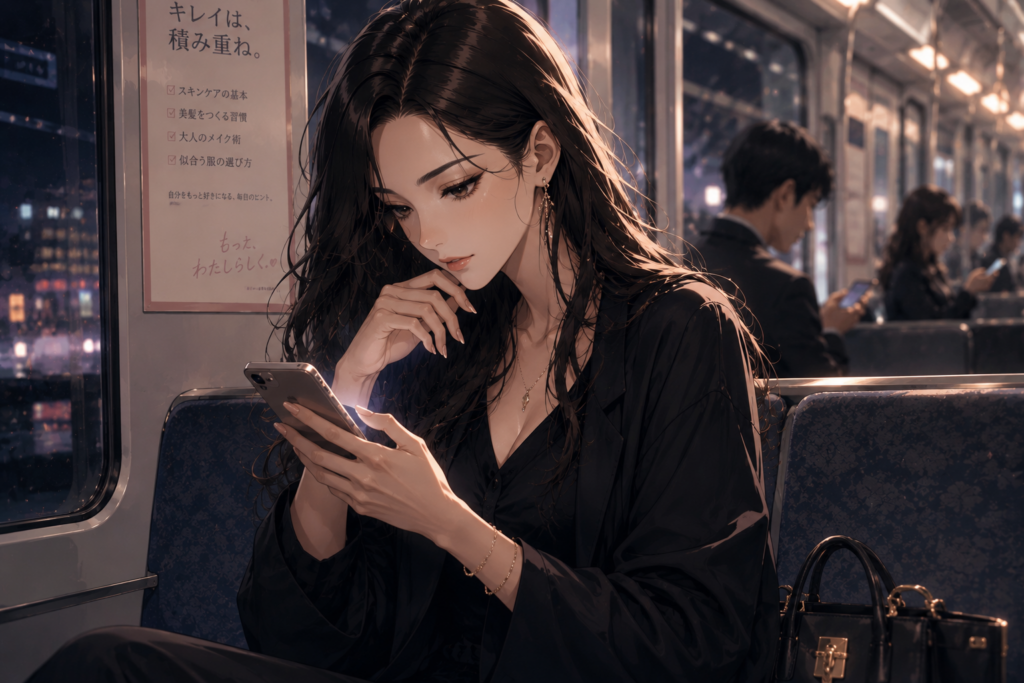 電車内でスマホをみるミサキ。他人と比較して勝つ方法を考えている。
