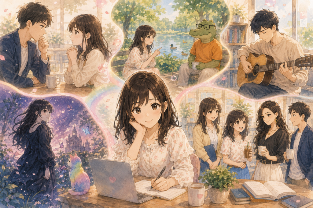 こいこと。のさまざまな側面を紹介するイラスト。